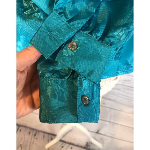 Vintage Nicola green folage blouse with high neck back button closing size 12 - Picture 6 of 10